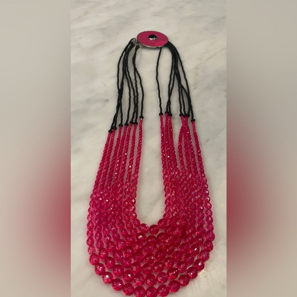 Armani Runway Vintage Fuchsia and Black Beaded Necklace with Medallion Closure.